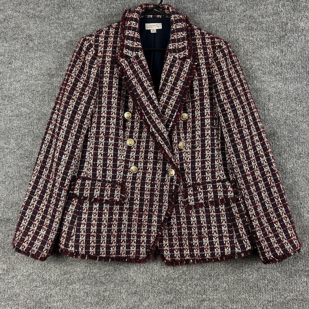 Tahari Womens Burgundy Tweed Double-Breasted Blazer